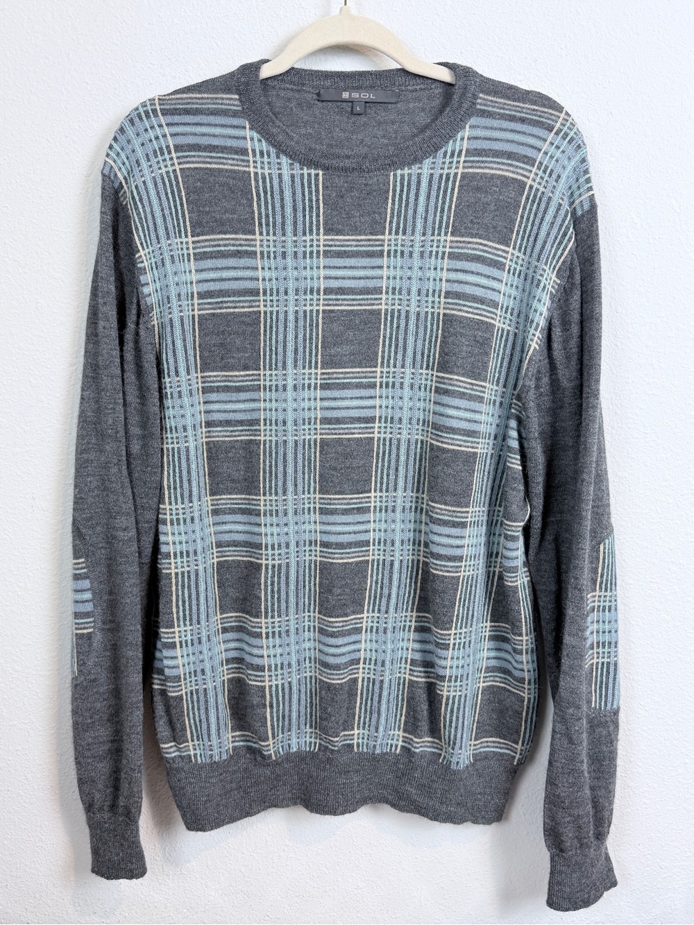 SOL Men’s Gray Blue Plaid Baby Alpaca Crewneck Sweater Reinforced Elbows Peru L